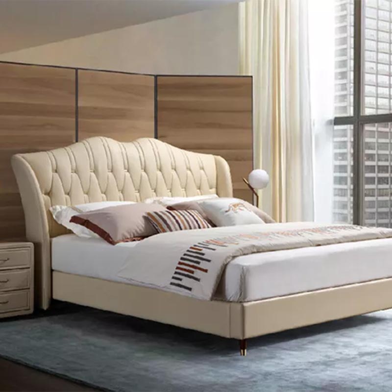 High Back Genuine Leather Bed na May Solid Wood Base
